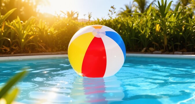 Happy summer beach fun and lifestyle. Colorful beach ball floating in a sunny pool surrounded by greenery.
