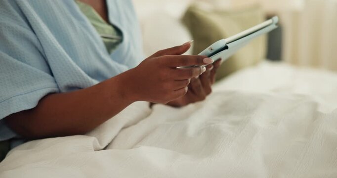 Hands, scroll and relax with tablet in bedroom, home or searching for story on web and entertainment. Browsing, social media and reader with tech on bed, cozy and person with digital novel on weekend