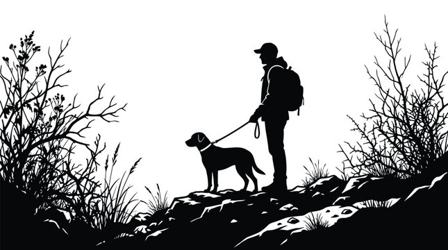 Silhouette of a male hiker with a backpack and his loyal dog on a leash standing together while exploring a rocky outdoor path in a detailed black and white graphic illustration on white background
