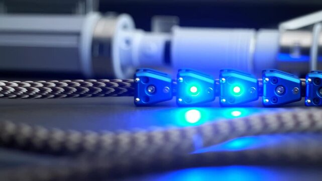 Row of blue modular robotic actuators with LED glow on braided cable in workshop closeup