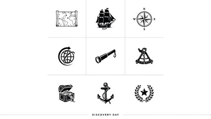 Discovery day navigation and exploration icons with map ship compass and telescope. © Sharmistha