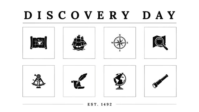 Discovery day icons with map ship compass magnifying glass sextant and globe.