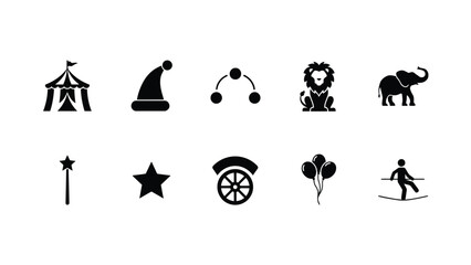 Amusement park icons featuring lion elephant balloons tightrope walker and carnival elements. © Sharmistha