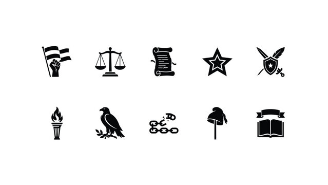 Historical symbols set featuring justice scales constitution scrolls shields and emblems.