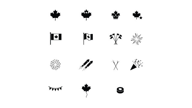 Canadian celebration icons featuring maple leaves flags fireworks and party accessories set.