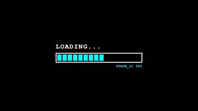 Retro digital loading progress bar with percentage indicator on black background.