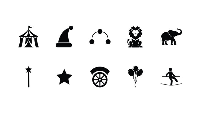Amusement park icons featuring lion elephant balloons tightrope walker and carnival elements.