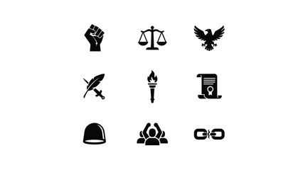 Collection of historical and social icons featuring justice freedom and unity symbols. © Sharmistha