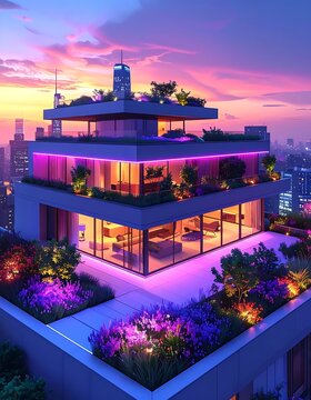Modern multi-level building with rooftop garden at sunset