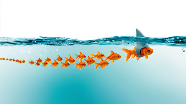 a goldfish wearing shark fin, leading a school of fish underwater. Symbolizing leadership, bravery, courage, metaphor for leadership and business ambition
