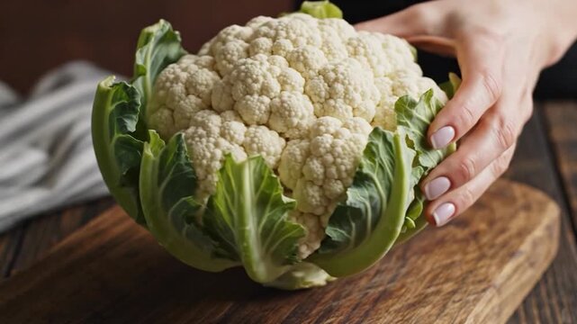 Fresh whole cauliflower head on a rustic wooden board