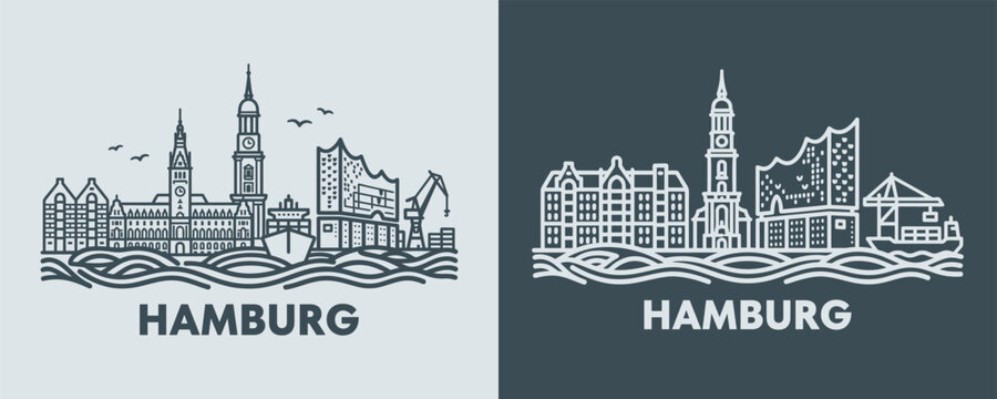 Hamburg Germany City Skyline Maritime Line Art Illustration Showcasing Port Architecture and Modern Concert Hall Designs