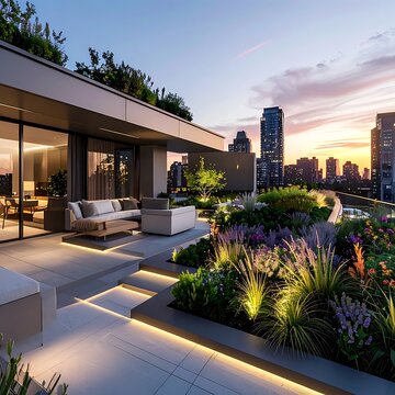 Modern rooftop garden with city skyline view at sunset