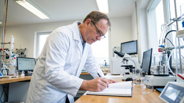 Male Researcher Writing Notes in Scientific Journal Beside Microscope