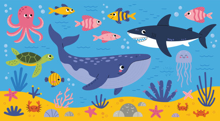 Vibrant underwater scene illustration with friendly shark whale octopus and coral reef life © MDTOFIZUL