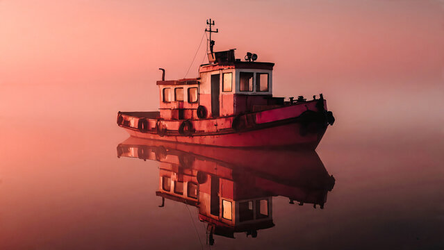 Vieux chalutier sur l'eau au coucher du soleil
