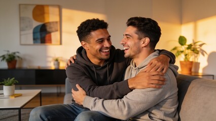 Obraz premium Happy gay couple embracing on a comfortable sofa, sharing a joyful moment in a stylish modern home.