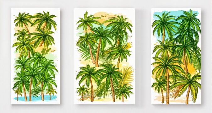 Vector logo and print design templates, summer palms, tropical hand drawn illustrations,  palm trees boho elements, vertical covers and banners

