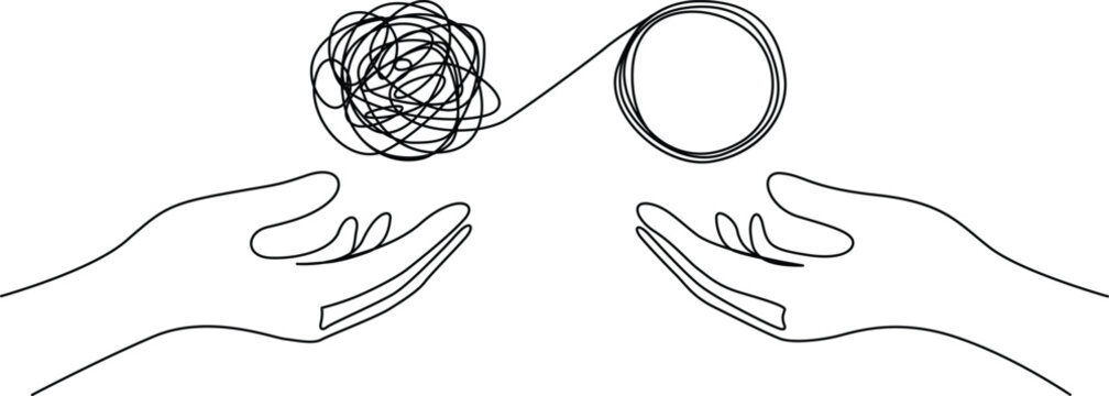 Hands untangling twisted yarn ball into loop