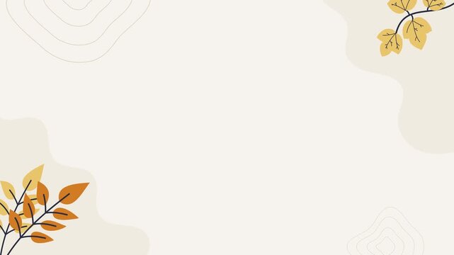 Seamless looping background animation of swinging dry leaves in the corners with wide text copy space. Flat style seasonal autumn illustration on soft beige solid color