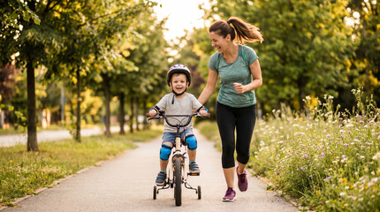 Obraz premium Mother Runs Alongside Son Learning to Ride Bicycle with Training Wheels