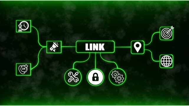 LINK Management System Network Animation with Business Process Icons and Digital Workflow Concept