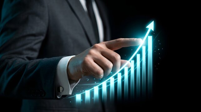 Business growth and profit man touching rising graph financial success concept