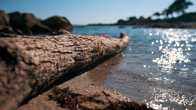 A dynamic worm s eye view captures the interplay of warm sunlight and cool tones reflecting on a clean lively seashore with smooth driftwood