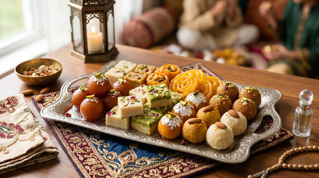Assorted traditional Indian sweets and mithai platter featuring gulab jamun, barfi, laddu, and jalebi arranged on a silver tray with festive background decor