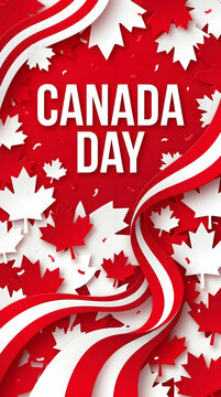 Vertical Canada Day banner with bold text maple leaves and ribbon waves for social media posts posters and seasonal advertising