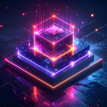 Neon lit cube on a multi-layered platform with vibrant lights