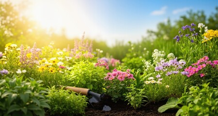 Obraz premium Gardening Concept. Garden Flowers and Plants on a Sunny Background 