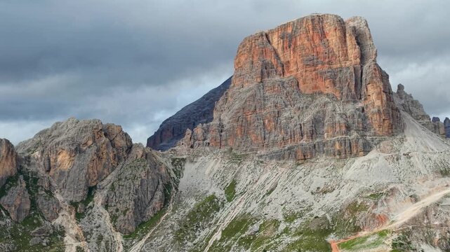 Stunning aerial perspective of the majestic Ra Gusela peak and the rugged landscape of Passo Giau, located in the Italian Dolomites