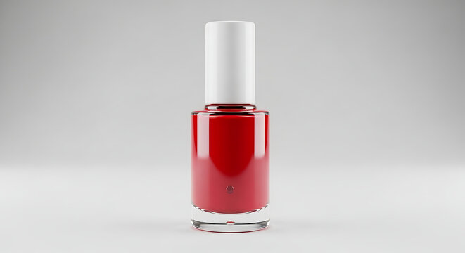 Red nail polish bottle with a cylindrical cap presented as a 3d rendering on a gray background
