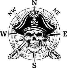 Fototapeta premium Pirate Skull Compass Emblem: A classic pirate emblem featuring a menacing skull and crossbones on a tricorn hat, crossed swords, and a vintage compass rose, symbolizing adventure and danger.