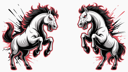 Wild Stallions: Two powerful white stallions with wild manes and red accents rear up aggressively, embodying untamed spirit and raw energy. © Basu Official 