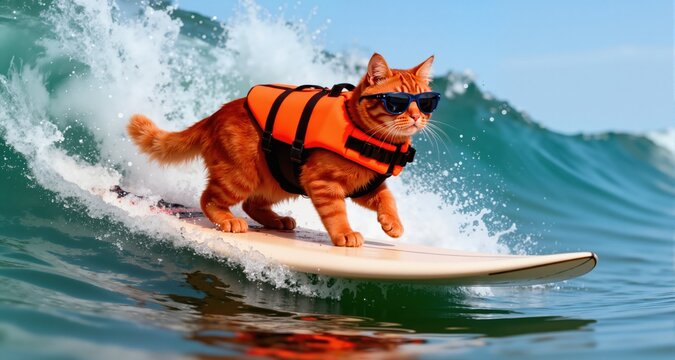 Vibrant photo of red shorthair cat in orange life jacket and sunglasses surfing on wave

