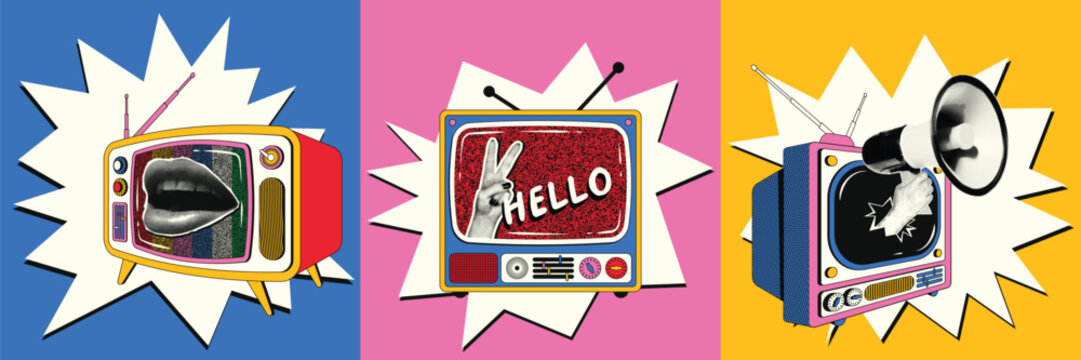 Retro vintage television set pop art digital collage banner, old TV screen with lips, peace hand sign hello and megaphone on colorful comic explosion burst background.