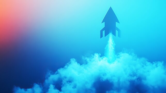 Blue paper rocket ship blasting off through thick white clouds representing business growth and success in a bright digital environment