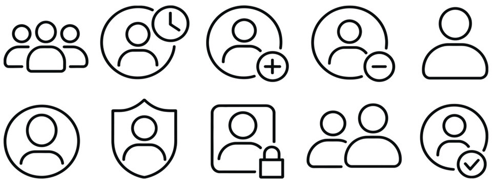 user profile icon set featuring account avatars, social network member symbols and web interface identity icons for modern applications.