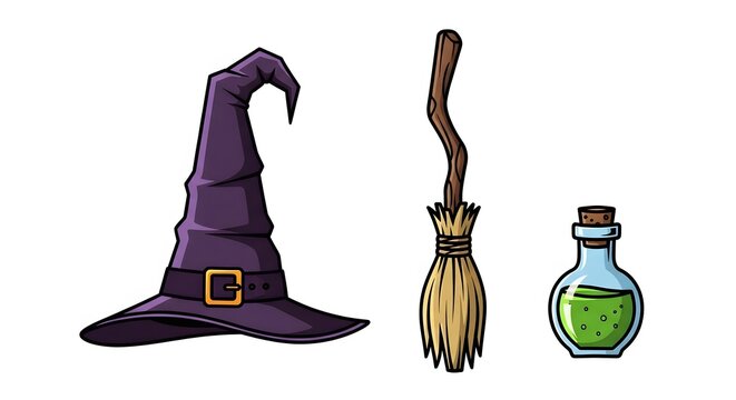 Witch magic hat flying broom and potion bottles