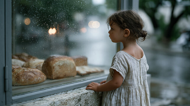 Small girl in threadbare dress pressing face to bakery glass in rain-soaked street, warm bread glow inside contrasting cold outside, perfect for childhood poverty, food