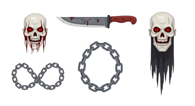 Horror movie masks chains and bloody knife