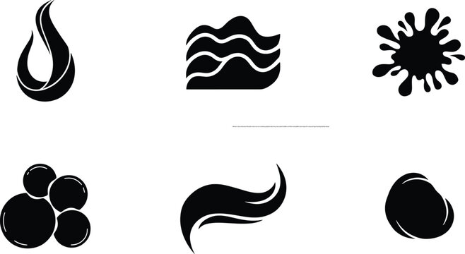 Abstract nature elements silhouette vector icon set containing stylized water drop wave splash bubbles wind flow and pebble stone shapes for corporate logo branding identity design
