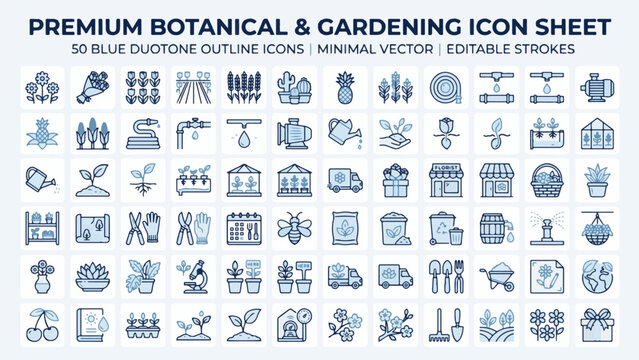Botanical Gardening and Plant Maintenance Blue Duotone Vector Icon Set with Florist and Greenhouse Symbols