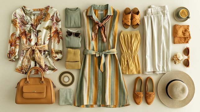 Summer outfits and their extras are arranged on a pale surface.