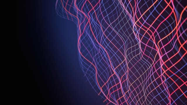 Neon wireframe wave abstract background for tech website with glowing mesh lines and deep purple; pink; and blue colors