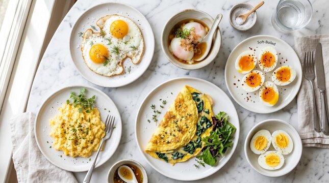 Different Types of Cooked Eggs on a white plate ( omelette, onsen egg, fried egg, boiled egg, ajitama ), food photography