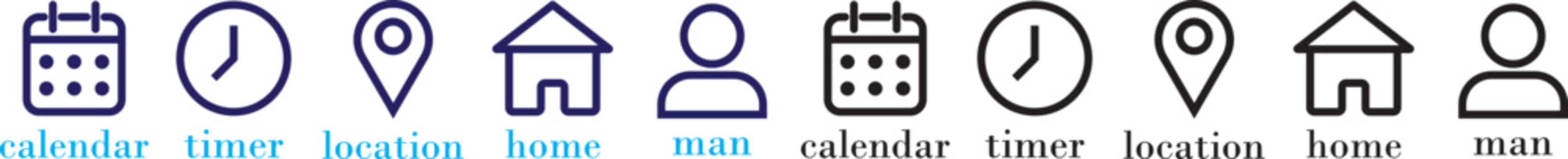 Essential vector icons for scheduling and navigation, featuring clocks, calendars, and location. Essential interface icon set, calendar, notification bell, location, user and clock symbols for app and