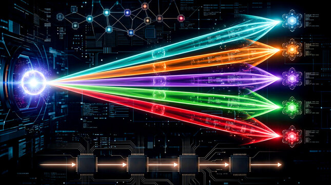 Quantum particle five simultaneous colored outcome paths vs single classical path, superposition